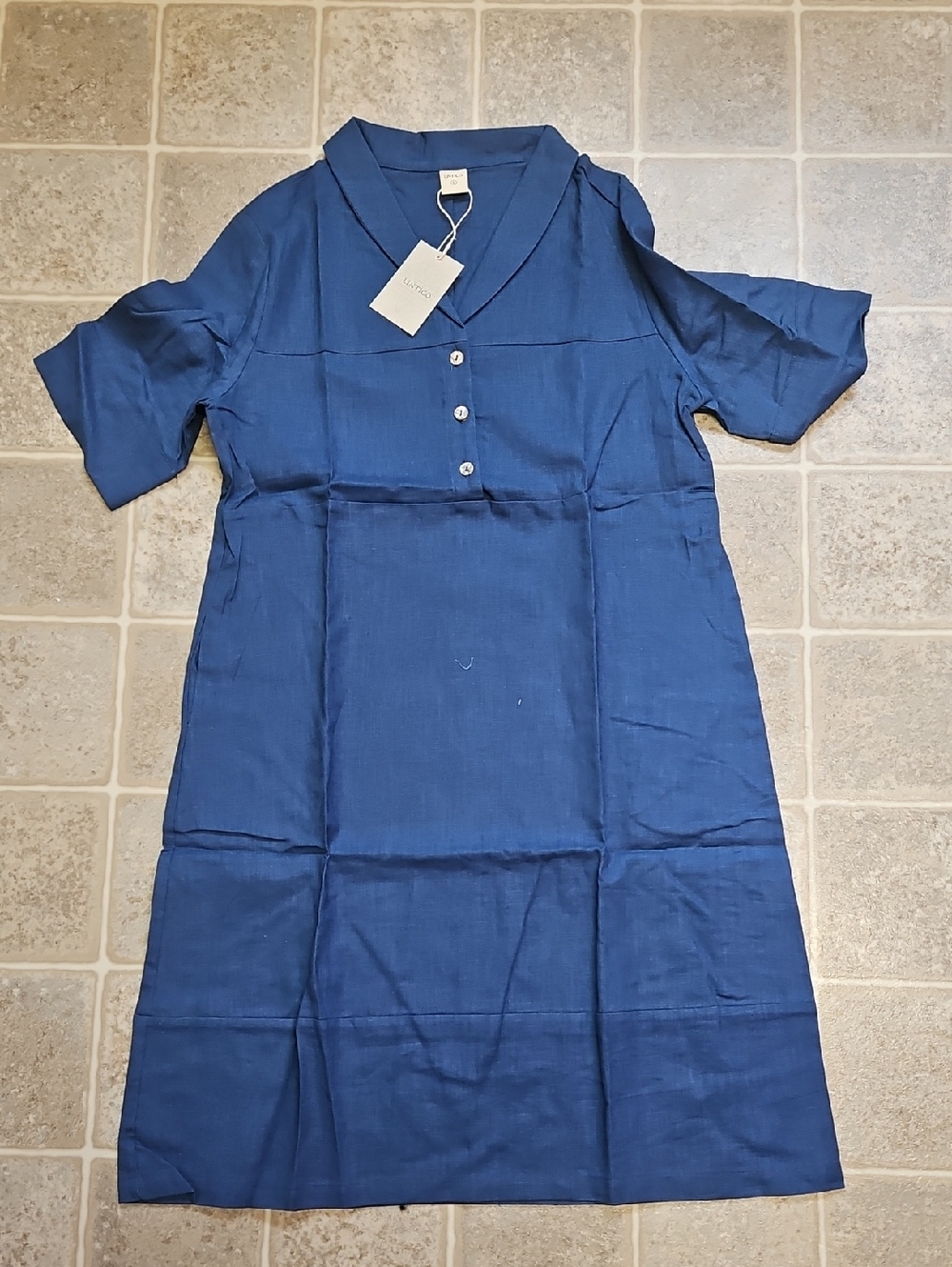 Blue linen Midi Dress with Button Placket and pockets